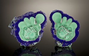 This spectacular azurite and malachite specimen, from Liufengshan Mine in Anhui Province is truly one of a kind! Part of the China Crystalline Treasures Collection, this sliced and polished specimen resembles two cute feet.