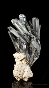 A metallic stibnite from Lushi, Hubei, China. From the Robert Lavinsky Collection of Chinese Minerals, photo by Joe Budd.