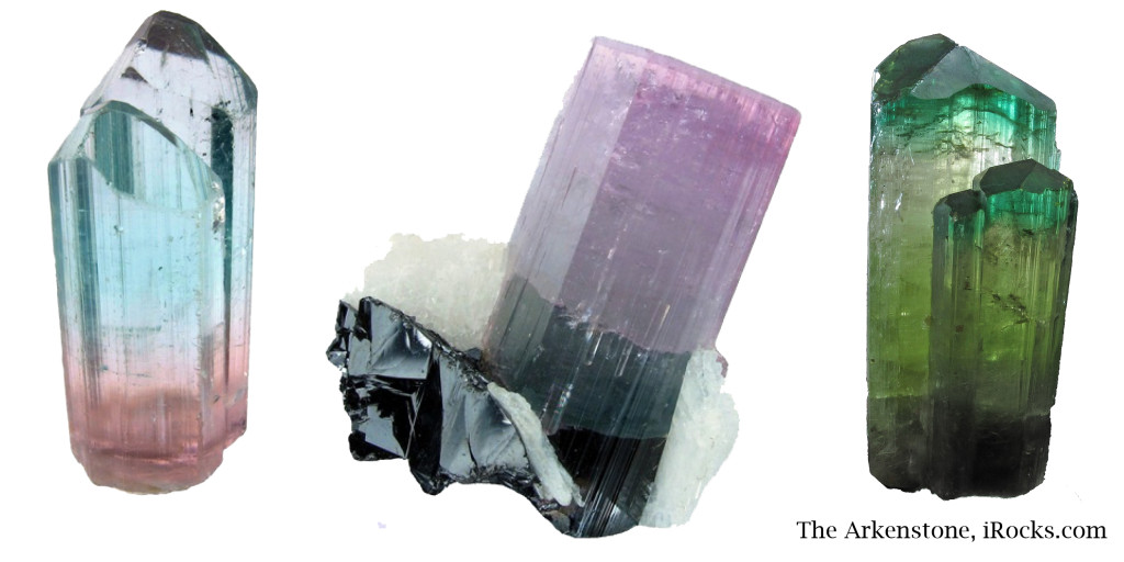 Three tourmaline crystals from Africa all have very different colors.