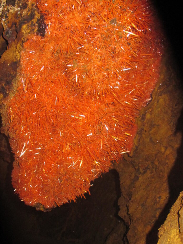 Orange crystals of the lead mineral crocoite underground in the Adelaide mine, Australia.
