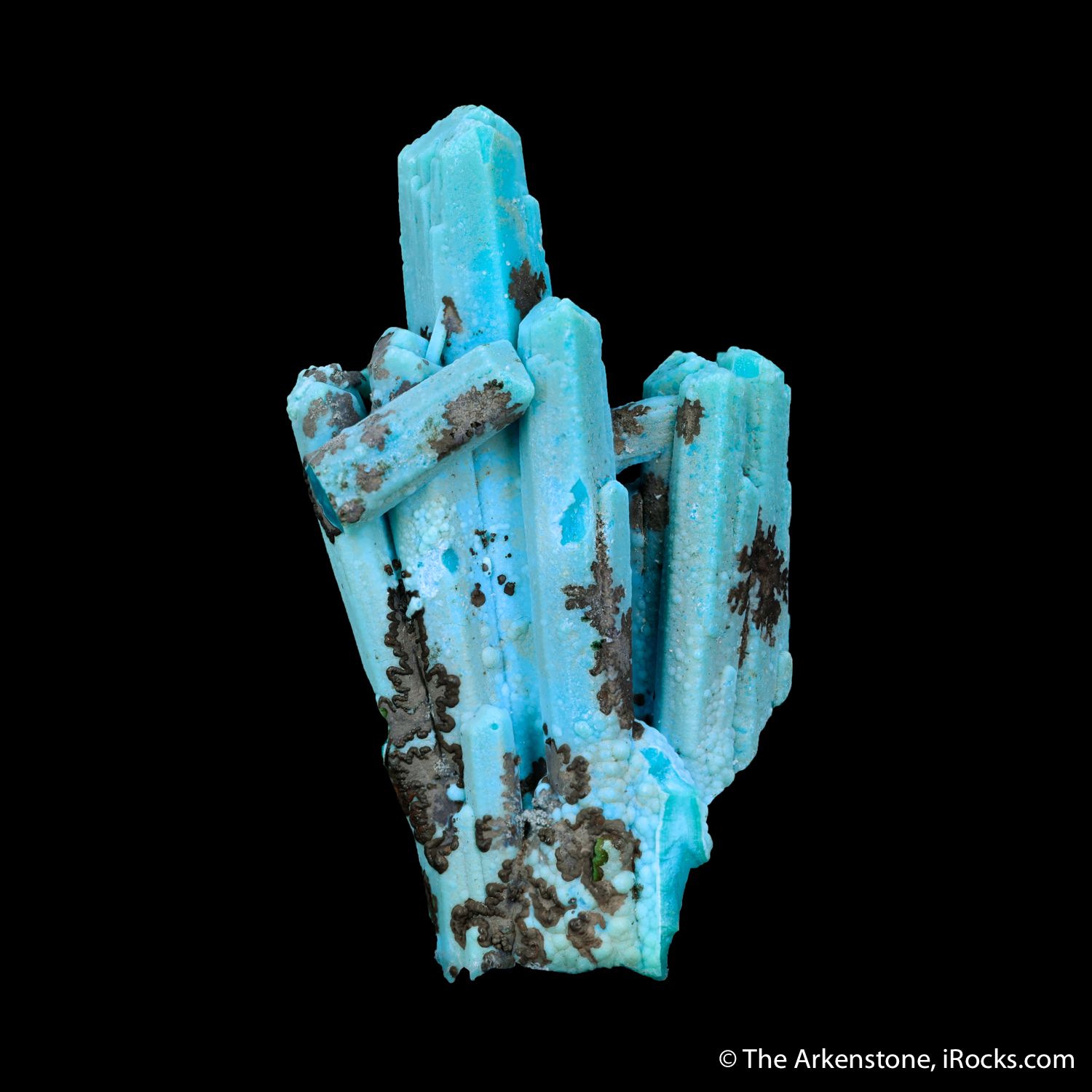 Neon blue chrysocolla after azurite thumbnail from Ray Mine, Pinal Co., Arizona, USA.