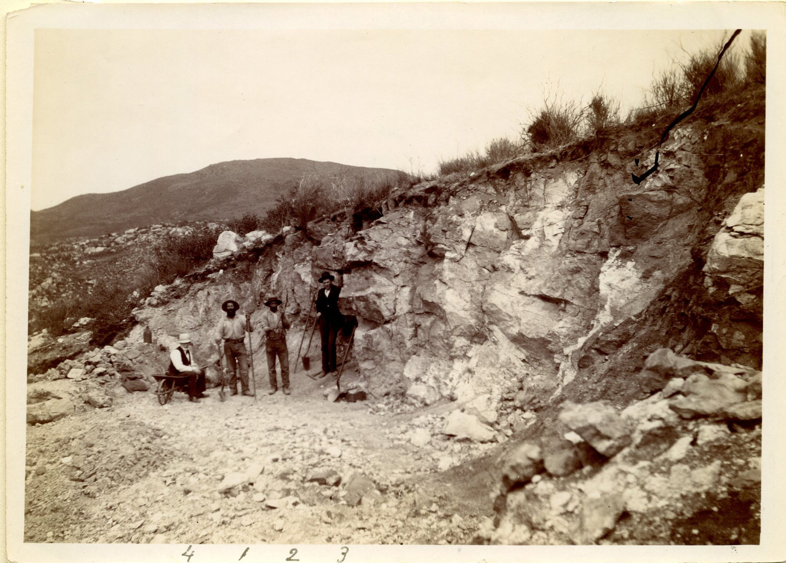 Historic photo of the Pala Chief mine in the early 1900s, including M.S. McLure, Bernardo Heriart, Pedro Peiletch, and Frank A. Salmons. Photo from the Bill Larson Library